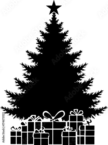 tree and gifts, tree, gift, holiday, xmas, box, present, decoration, celebration, star, winter, tree, ribbon, illustration, vector, santa, new, art, design, gifts, ornament, presents, season, card, fi