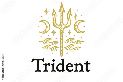 Golden Trident Design. Hand-drawn trident of gold with moons, waves, and sparkles, center word “Trident” in black and white