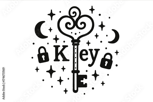 Mystical Treasure Key. Hand-drawn treasure key with moons, sparkles, and locks, center word “Key” in black and white isolated