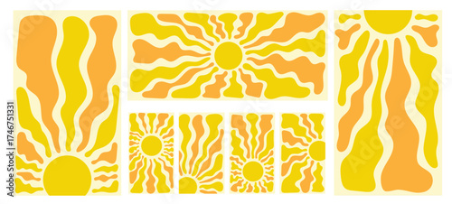 Set of groovy retro sun posters with curved rays. Vintage yellow sunburst design in naive hippie style. Abstract summer background for positive vibes artwork and decorative prints