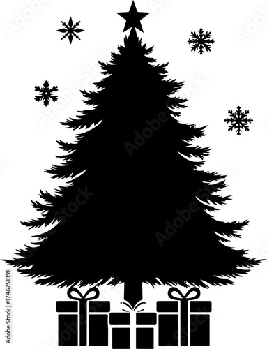 tree and gifts, tree, gift, holiday, xmas, box, present, decoration, celebration, star, winter, tree, ribbon, illustration, vector, santa, new, art, design, gifts, ornament, presents, season, card, fi