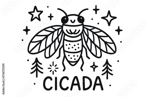 Cicada Doodle with Stars. Doodle cicada with stars, trees, and sparkles, center word “Cicada” in black and white isolated