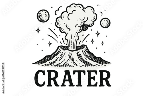 Volcanic Crater Artistry. Hand-drawn volcanic crater with moons, smoke, and sparkles, center word “Crater” in black and white