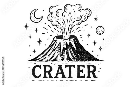 Volcanic Crater Artistry. Hand-drawn volcanic crater with moons, smoke, and sparkles, center word “Crater” in black and white