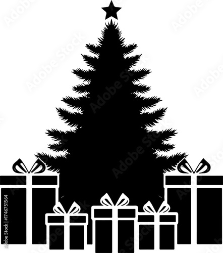tree and gifts, tree, gift, holiday, xmas, box, present, decoration, celebration, star, winter, tree, ribbon, illustration, vector, santa, new, art, design, gifts, ornament, presents, season, card, fi