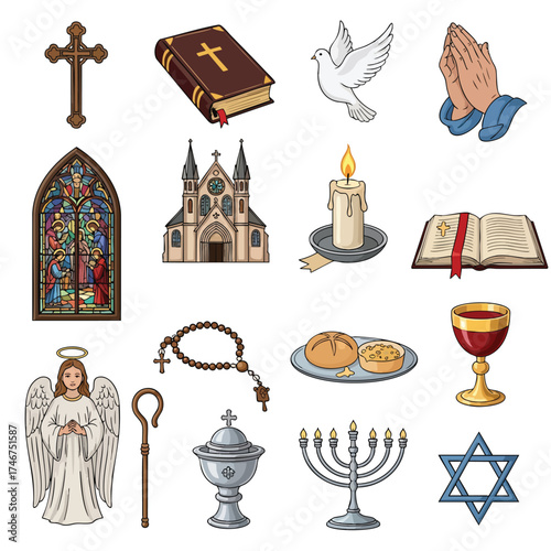 A collection of religious symbols and icons, including a cross, bible, dove, praying hands, stained glass, church, candle, bread, chalice, angel, and other spiritual elements.