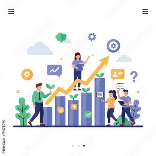 An illustrated depiction of business people collaborating to achieve growth and success, represented by a rising bar graph and optimistic symbols in a modern, flat design.