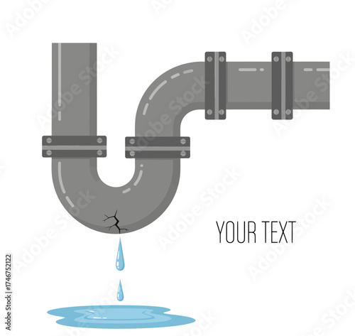 A vector illustration shows a cracked gray U-bend pipe steadily dripping water, forming a small puddle on the surface below