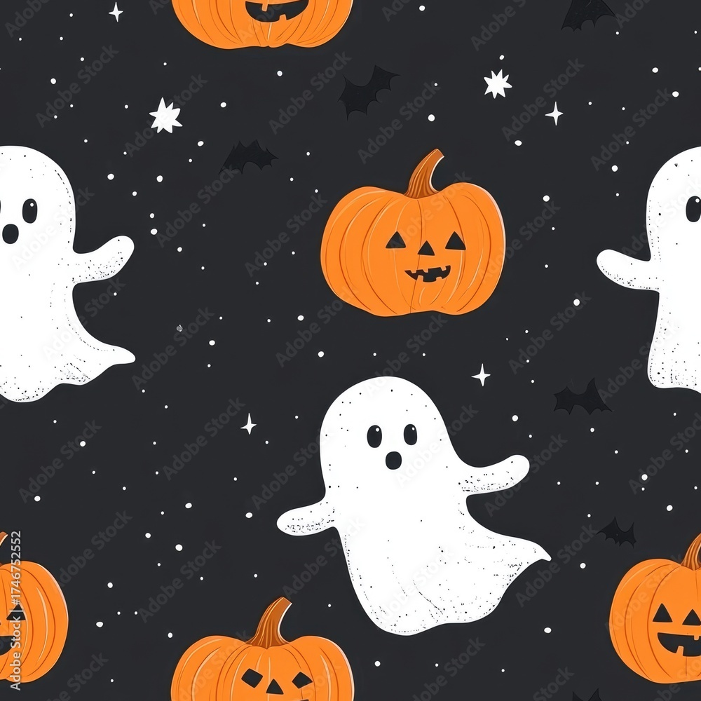 Fototapeta premium halloween seamless pattern with ghosts and pumpkins illustration