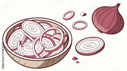 Illustration showing a bowl full of sliced onions with a whole onion and onion rings nearby