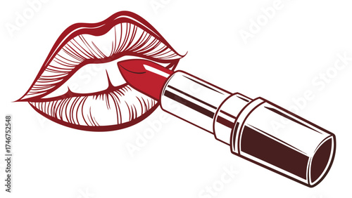 Illustration of red lipstick being applied to outlined lips with detailed lines and shading effects