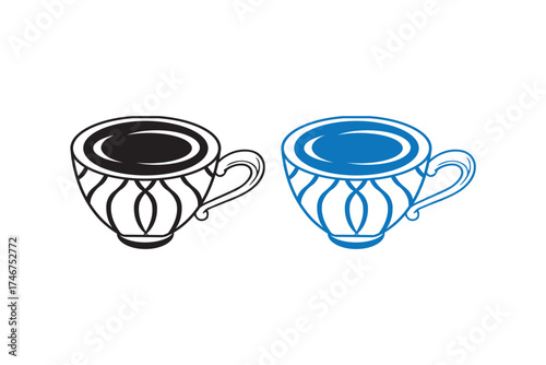 Winter Cup Design Vector art of two stylized teacups, one black and white outline, the other blue and white