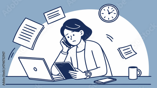 Woman overwhelmed with work at desk with laptop tablet phone clock and flying papers in blue and white