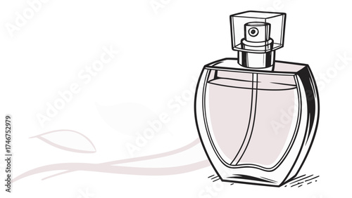 Illustration of a perfume bottle with a transparent cap and a delicate floral shadow design element