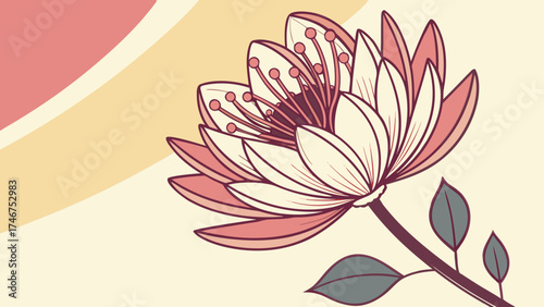 Illustrated flower with pink petals and brown stem on a light yellow and pink background art piece
