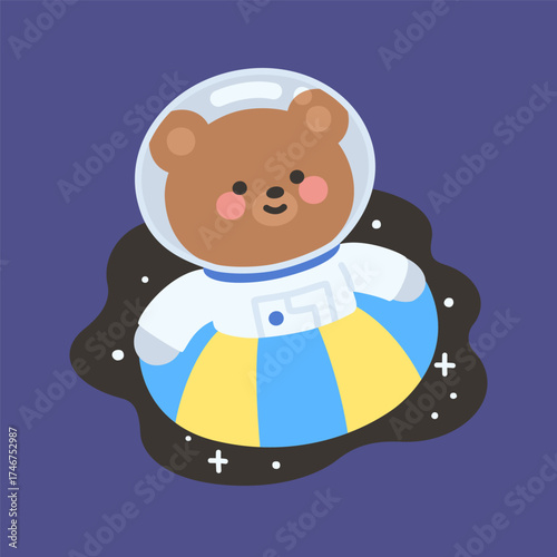 Cute Astronaut Bear Vector Swimming with Swim Ring in Space