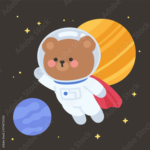Cute Astronaut Bear Vector Flying with Red Cape and Planets