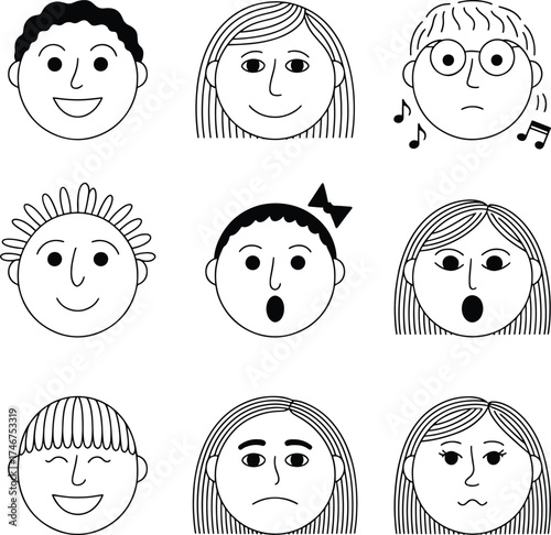 Cartoon faces expressing different emotions and moods illustration in black and white
