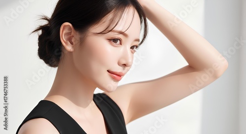 自然光に照らされた女性の横顔ポートレート、上品で清潔感のある美容イメージ