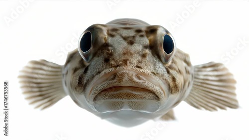 Closeup of a spotted fish swimming and hovering with fluttering fins underwater