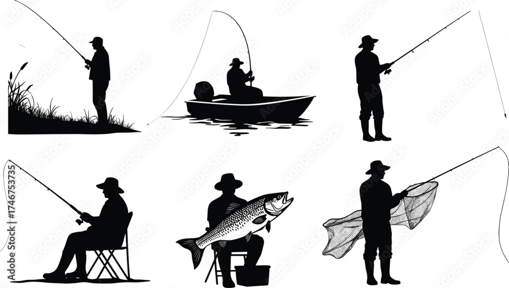 Obraz premium Fishing silhouettes vector set with people fishing on shore, boat, chair, bucket, net, rod, catch, outdoor hobby illustration