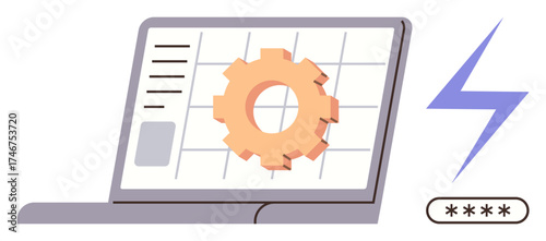 Gear on laptop screen symbolizes system settings. Blue lightning bolt and password hint at security, energy efficiency, and technology. Ideal for tech, productivity, IT solutions, automation, energy