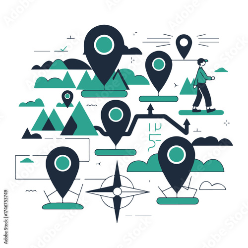 Map with location pins and route path, travel and navigation vector design for tourism and GPS concepts