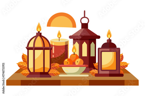 Lanterns and candles for Thanksgiving dinner table, cozy holiday illustration isolated on white background