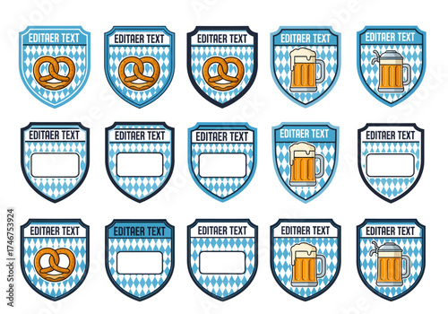 Collection of editable vector shield emblems with a traditional Bavarian checkered pattern, featuring beer mugs and pretzels for a German beer festival concept
