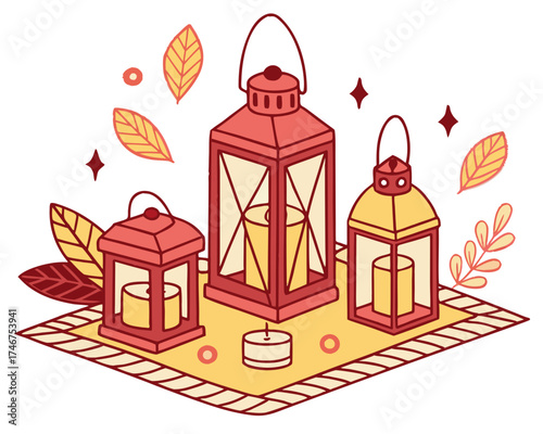 Lanterns and candles for Thanksgiving dinner table, cozy holiday illustration isolated on white background