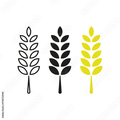 Set of Wheat Ear Icons in Outline, Solid Black, and Yellow Vector Design on White Background
