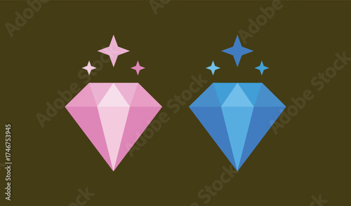 Sparkling Pink and Blue Diamond Gems Vector Design on Dark Background