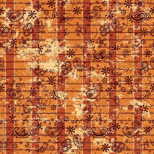 Paisley design motif with tartan plaid background grunge vector seamless pattern for fabric pillow cloth shirt carpet tablecloth rug 