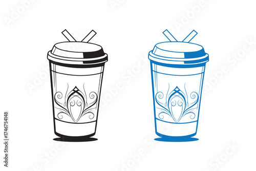 Winter Cup Design Vector art of two stylized disposable coffee cups, one in black and white outline and the other in blue outline