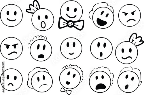 Collection of expressive emoticons and smiley faces in black and white