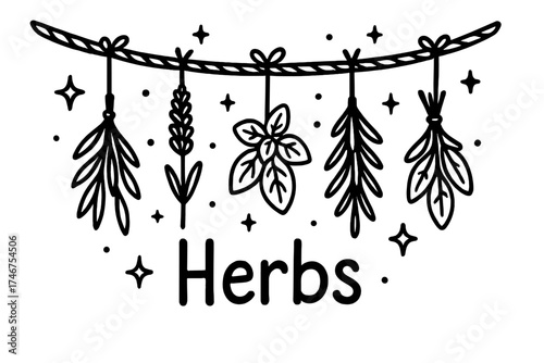 Witch's Herb Doodles. Doodle witch herbs drying with stars, ropes, and sparkles, center word “Herbs” in black and white isolated