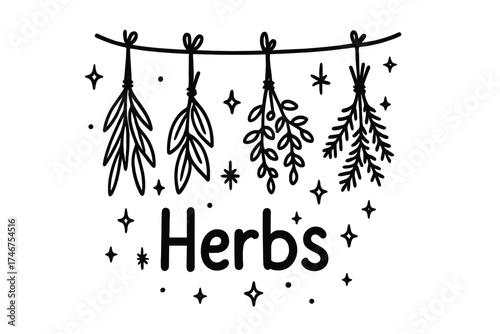 Witch's Herb Doodles. Doodle witch herbs drying with stars, ropes, and sparkles, center word “Herbs” in black and white isolated