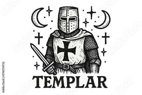 Templar Knight Design. Hand-drawn templar knight with moons, crosses, and sparkles, center word “Templar” in black and white