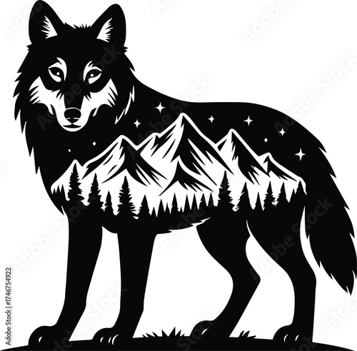 Wolf Mountain Forest Double Exposure | Wildlife Animal design | Nature Scene
