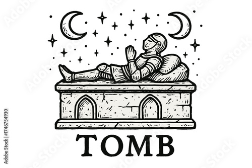 Knight's Resting Place. Hand-drawn knight tomb with moons, stone, and sparkles, center word “Tomb” in black and white isolated