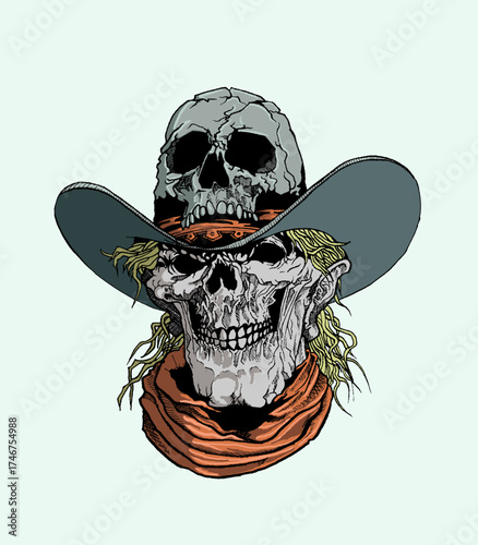 Vector image of a skull wearing a cowboy hat, hand drawn line strokes with a touch of classic color.