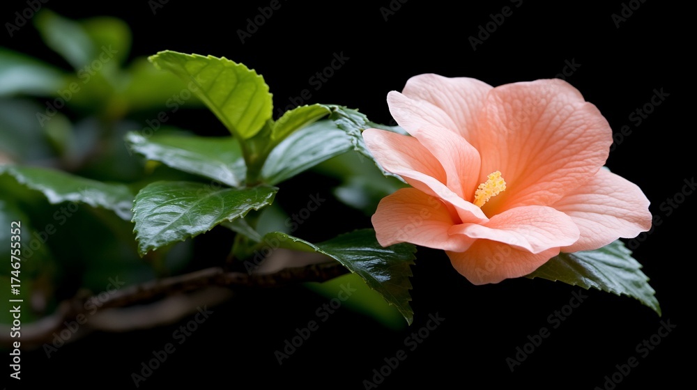 Fototapeta premium Peach bloom amidst vibrant green foliage