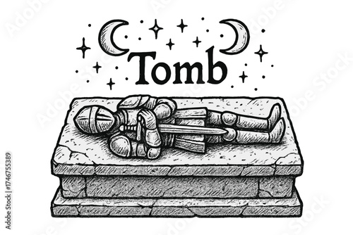 Knight's Resting Place. Hand-drawn knight tomb with moons, stone, and sparkles, center word “Tomb” in black and white isolated