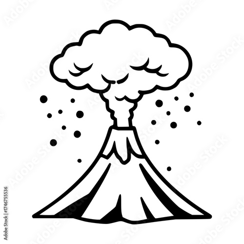 Powerful erupting volcano illustration, a dramatic symbol of nature's raw energy in simple line art