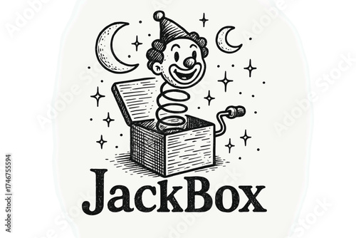 Jack-in-the-Box Monument. Hand-drawn jack-in-the-box monument with moons, springs, and sparkles, center word “JackBox” in black