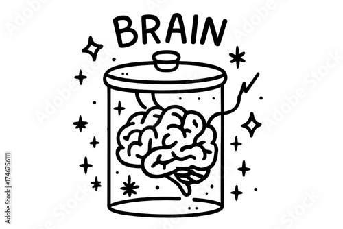 Giant Brain Doodle. Doodle giant brain in jar with stars, wires, and sparkles, center word “Brain” in black and white isolated