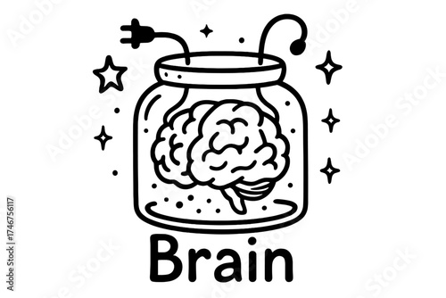 Giant Brain Doodle. Doodle giant brain in jar with stars, wires, and sparkles, center word “Brain” in black and white isolated