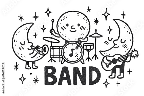 Whimsical Toy Band. Hand-drawn toy music band with moons, drums, and sparkles, center word “Band” in black and white isolated