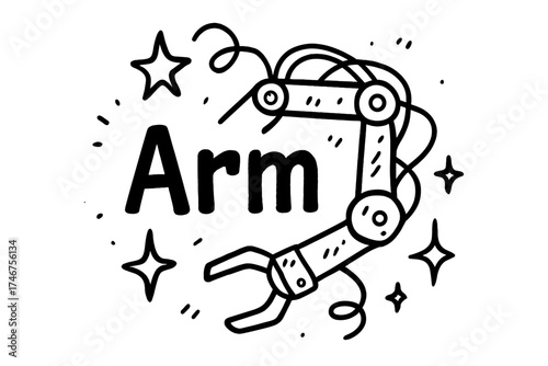 Mechanical Arm Doodle. Doodle mechanical arm with stars, wires, and sparkles, center word “Arm” in black and white isolated