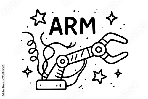 Mechanical Arm Doodle. Doodle mechanical arm with stars, wires, and sparkles, center word “Arm” in black and white isolated